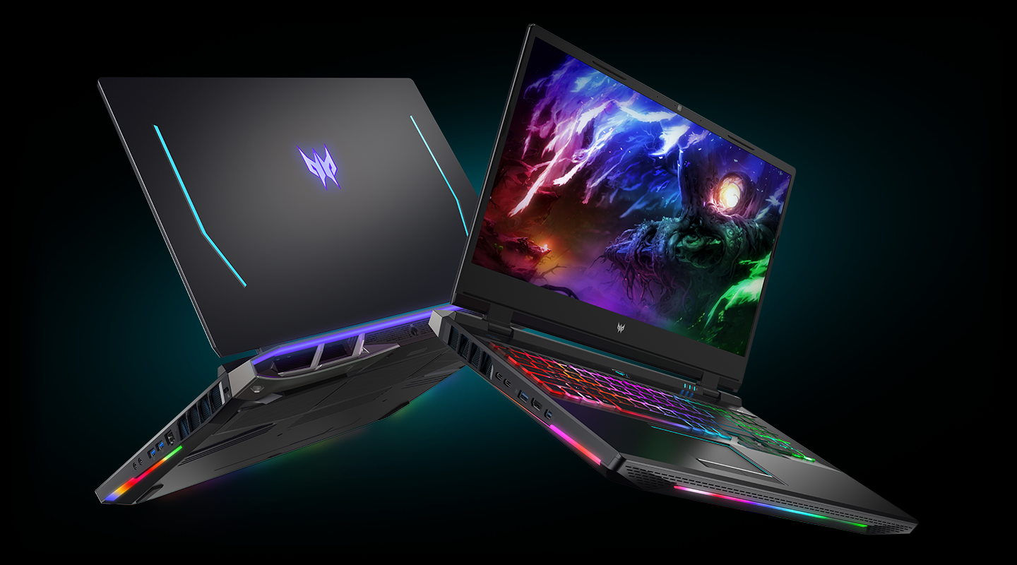 Sci Fi Futuristic Laptop Portable Computer Gaming Working Empty Screen Red Blue Glowing Laser Neon Light Beams Reflective Floor Night Dark Studio Stage Retro 3D Rendering illustration; Shutterstock ID 1787440178; purchase_order: -; job: -; client: -; other: -